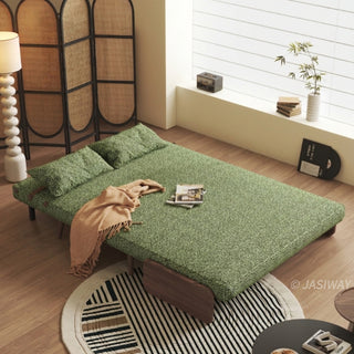 JASIWAY modern convertible lounge chair bed featuring rich moss green dual-tone bouclé tweed upholstery, structured accent pillow, and warm walnut-toned wooden armrests. Showcasing the multifunctional accent chair with an adjustable backrest and tapered wooden legs in its upright armchair configuration.-High-angle view with bed mode