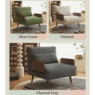 JASIWAY modern convertible lounge chair bed featuring rich moss green dual-tone bouclé tweed upholstery, structured accent pillow, and warm walnut-toned wooden armrests. Showcasing the multifunctional accent chair with an adjustable backrest and tapered wooden legs in its upright armchair configuration.-Color options