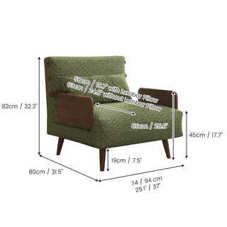 Dimension diagram of a mid-century modern olive green textured upholstery accent armchair with wooden armrests and legs, showing overall height, width options, seat height, leg clearance, and seat depth with and without the lumbar pillow in inches and centimeters.