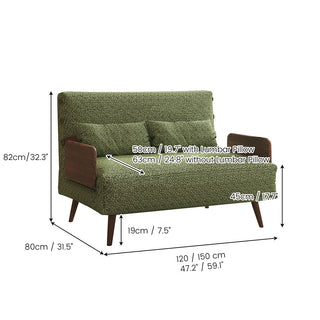 Dimension diagram of a mid-century modern olive green textured fabric 2-seater loveseat sleeper sofa with wooden armrests, showing overall height, width options, seat height, leg height, and seat depth with and without lumbar pillows in inches and centimeters.