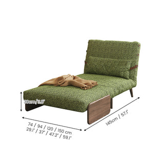 Dimension diagram of an extended mid-century modern olive green textured fabric sleeper chair with wooden armrests, showing extended seat height, extended length, and width options in inches and centimeters.