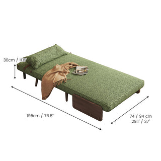 Dimension diagram of a mid-century modern olive green textured fabric convertible chair laid flat into a sleeper bed, showing full flat length, bed height, and width options in inches and centimeters.