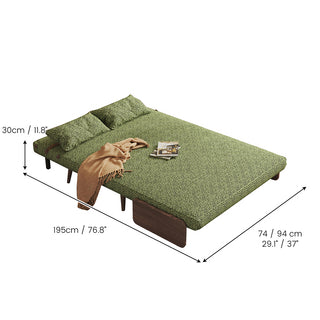 Dimension diagram of a mid-century modern olive green textured fabric loveseat sofa bed fully flat-folded into a double sleeper bed with two lumbar pillows, showing total bed height, full length, and width options in inches and centimeters.