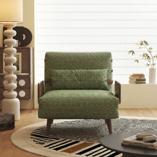 JASIWAY modern convertible lounge chair bed featuring rich moss green dual-tone bouclé tweed upholstery, structured accent pillow, and warm walnut-toned wooden armrests. Showcasing the multifunctional accent chair with an adjustable backrest and tapered wooden legs in its upright armchair configuration.-Front view