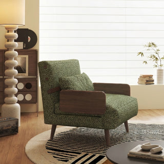 JASIWAY modern convertible lounge chair bed featuring rich moss green dual-tone bouclé tweed upholstery, structured accent pillow, and warm walnut-toned wooden armrests. Showcasing the multifunctional accent chair with an adjustable backrest and tapered wooden legs in its upright armchair configuration.-Diagonal view