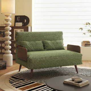 JASIWAY modern convertible lounge chair bed featuring rich moss green dual-tone bouclé tweed upholstery, structured accent pillow, and warm walnut-toned wooden armrests. Showcasing the multifunctional accent chair with an adjustable backrest and tapered wooden legs in its upright armchair configuration.-Three quarter view