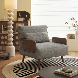 JASIWAY modern convertible lounge chair bed featuring rich moss green dual-tone bouclé tweed upholstery, structured accent pillow, and warm walnut-toned wooden armrests. Showcasing the multifunctional accent chair with an adjustable backrest and tapered wooden legs in its upright armchair configuration.-Three quarter view