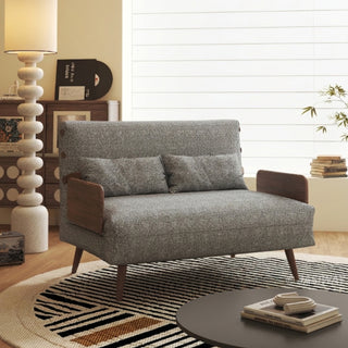 JASIWAY modern convertible lounge chair bed featuring rich moss green dual-tone bouclé tweed upholstery, structured accent pillow, and warm walnut-toned wooden armrests. Showcasing the multifunctional accent chair with an adjustable backrest and tapered wooden legs in its upright armchair configuration.-Three quarter view