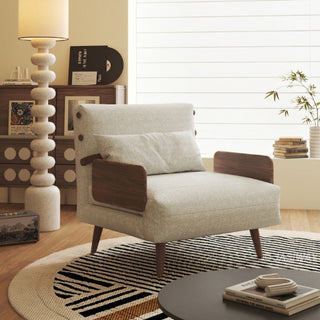 JASIWAY modern convertible lounge chair bed featuring rich moss green dual-tone bouclé tweed upholstery, structured accent pillow, and warm walnut-toned wooden armrests. Showcasing the multifunctional accent chair with an adjustable backrest and tapered wooden legs in its upright armchair configuration.-Three quarter view