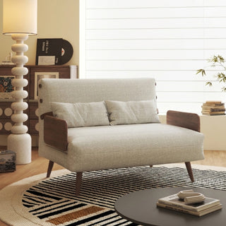 JASIWAY modern convertible lounge chair bed featuring rich moss green dual-tone bouclé tweed upholstery, structured accent pillow, and warm walnut-toned wooden armrests. Showcasing the multifunctional accent chair with an adjustable backrest and tapered wooden legs in its upright armchair configuration.-Three quarter view
