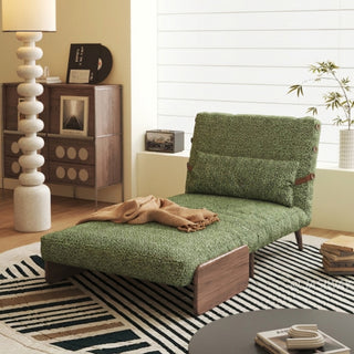 JASIWAY modern convertible lounge chair bed featuring rich moss green dual-tone bouclé tweed upholstery, structured accent pillow, and warm walnut-toned wooden armrests. Showcasing the multifunctional accent chair with an adjustable backrest and tapered wooden legs in its upright armchair configuration.-Three quarter view with chaise mode