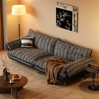 JASIWAY modern deep seat 3-seater sofa featuring high-quality textured chenille upholstery and plush pillow-top arms. This comfortable living room couch showcases a low profile frame design with sleek metal legs, blending contemporary style with premium tactile fabric.-High-angle view