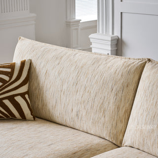 JASIWAY modern deep seat 3-seater sofa featuring high-quality textured chenille upholstery and plush pillow-top arms. This comfortable living room couch showcases a low profile frame design with sleek metal legs, blending contemporary style with premium tactile fabric.-Close-up of backrest texture