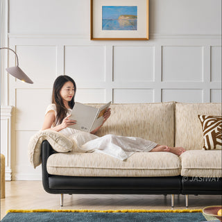 JASIWAY modern deep seat 3-seater sofa featuring high-quality textured chenille upholstery and plush pillow-top arms. This comfortable living room couch showcases a low profile frame design with sleek metal legs, blending contemporary style with premium tactile fabric.-Front view with model lounging