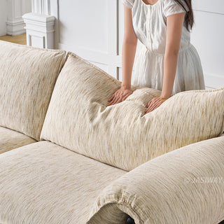 JASIWAY modern deep seat 3-seater sofa featuring high-quality textured chenille upholstery and plush pillow-top arms. This comfortable living room couch showcases a low profile frame design with sleek metal legs, blending contemporary style with premium tactile fabric.-Close-up of cushion resilience