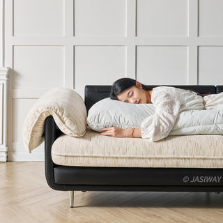 JASIWAY modern deep seat 3-seater sofa featuring high-quality textured chenille upholstery and plush pillow-top arms. This comfortable living room couch showcases a low profile frame design with sleek metal legs, blending contemporary style with premium tactile fabric.-Front view with model sleeping