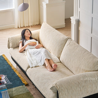 JASIWAY modern deep seat 3-seater sofa featuring high-quality textured chenille upholstery and plush pillow-top arms. This comfortable living room couch showcases a low profile frame design with sleek metal legs, blending contemporary style with premium tactile fabric.-High-angle view with model reclining
