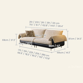 JASIWAY modern deep seat 3-seater sofa featuring high-quality textured chenille upholstery and plush pillow-top arms. This comfortable living room couch showcases a low profile frame design with sleek metal legs, blending contemporary style with premium tactile fabric.-Dimensions chart
