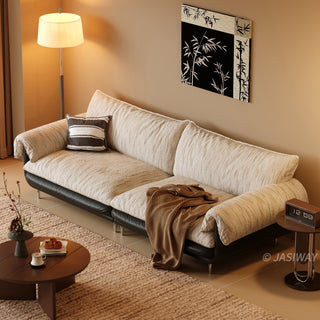 JASIWAY modern deep seat 3-seater sofa featuring high-quality textured chenille upholstery and plush pillow-top arms. This comfortable living room couch showcases a low profile frame design with sleek metal legs, blending contemporary style with premium tactile fabric.-High-angle view