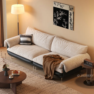 JASIWAY modern deep seat 3-seater sofa featuring high-quality textured chenille upholstery and plush pillow-top arms. This comfortable living room couch showcases a low profile frame design with sleek metal legs, blending contemporary style with premium tactile fabric.-High-angle view
