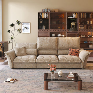 JASIWAY modern 3-seater fabric sofa with adjustable high-back headrests and deep-seated cloud cushions, featuring a low-profile minimalist design and ergonomic neck support with a high-end, contemporary aesthetic for luxury living rooms. -Front view