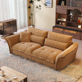 JASIWAY modern 3-seater fabric sofa with adjustable high-back headrests and deep-seated cloud cushions, featuring a low-profile minimalist design and ergonomic neck support with a high-end, contemporary aesthetic for luxury living rooms. -High-angle three-quarter view