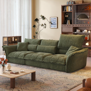 JASIWAY modern 3-seater fabric sofa with adjustable high-back headrests and deep-seated cloud cushions, featuring a low-profile minimalist design and ergonomic neck support with a high-end, contemporary aesthetic for luxury living rooms. -Three-quarter view