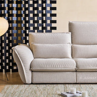 JASIWAY modern 3-seater fabric sofa with adjustable high-back headrests and deep-seated cloud cushions, featuring a low-profile minimalist design and ergonomic neck support with a high-end, contemporary aesthetic for luxury living rooms. -Medium shot