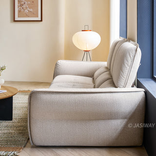 JASIWAY modern 3-seater fabric sofa with adjustable high-back headrests and deep-seated cloud cushions, featuring a low-profile minimalist design and ergonomic neck support with a high-end, contemporary aesthetic for luxury living rooms. -Side view
