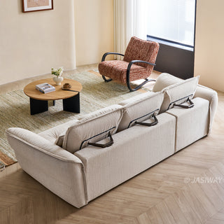 JASIWAY modern 3-seater fabric sofa with adjustable high-back headrests and deep-seated cloud cushions, featuring a low-profile minimalist design and ergonomic neck support with a high-end, contemporary aesthetic for luxury living rooms. -High-angle rear view