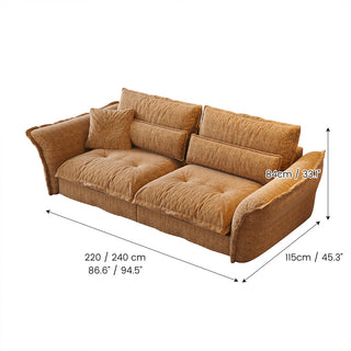 Dimension diagram of a golden-yellow textured fabric sofa with width, depth, and height specifications.