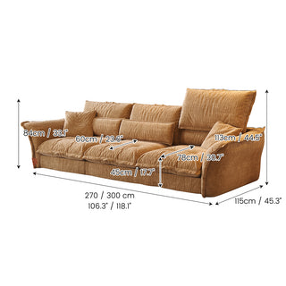 Dimension diagram of a golden-yellow textured fabric sectional sofa with detailed length, depth, and height specifications.
