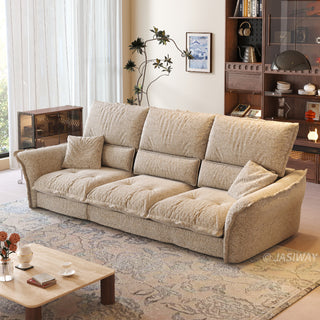 JASIWAY modern 3-seater fabric sofa with adjustable high-back headrests and deep-seated cloud cushions, featuring a low-profile minimalist design and ergonomic neck support with a high-end, contemporary aesthetic for luxury living rooms. -High-angle three-quarter view