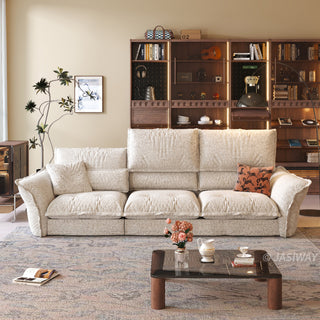 JASIWAY modern 3-seater fabric sofa with adjustable high-back headrests and deep-seated cloud cushions, featuring a low-profile minimalist design and ergonomic neck support with a high-end, contemporary aesthetic for luxury living rooms. -Front view