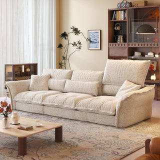 JASIWAY modern 3-seater fabric sofa with adjustable high-back headrests and deep-seated cloud cushions, featuring a low-profile minimalist design and ergonomic neck support with a high-end, contemporary aesthetic for luxury living rooms. -Three-quarter view
