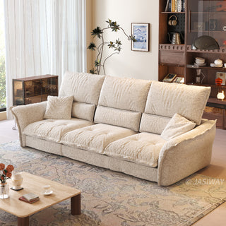 JASIWAY modern 3-seater fabric sofa with adjustable high-back headrests and deep-seated cloud cushions, featuring a low-profile minimalist design and ergonomic neck support with a high-end, contemporary aesthetic for luxury living rooms. -High-angle three-quarter view