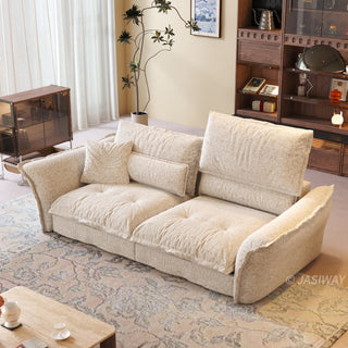 JASIWAY modern 3-seater fabric sofa with adjustable high-back headrests and deep-seated cloud cushions, featuring a low-profile minimalist design and ergonomic neck support with a high-end, contemporary aesthetic for luxury living rooms. -High-angle three-quarter view