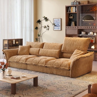 JASIWAY modern 3-seater fabric sofa with adjustable high-back headrests and deep-seated cloud cushions, featuring a low-profile minimalist design and ergonomic neck support with a high-end, contemporary aesthetic for luxury living rooms. -Three-quarter view