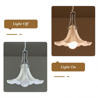 This product comparison infographic displays the same flower-shaped pendant light in two states. The left panel shows the cream-colored ceramic fixture against a neutral grey background, unlit, with the text "Light Off" in a brown speech bubble. The right panel shows the identical fixture against a brown background, illuminated with a warm glow from the central bulb, accompanied by the text "Light On" in a brown speech bubble.