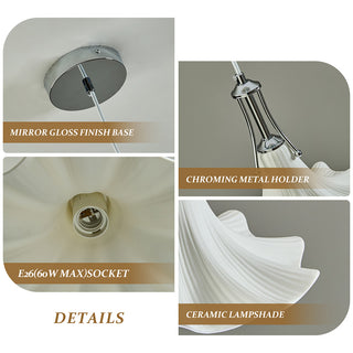 This product detail infographic illustrates the key features of the ceramic pendant light. The panels provide close-up views of the mirror-gloss finish base, the chroming metal holder, the E26 (60W max) socket, and the textured ceramic lampshade. Each component is clearly labeled to showcase the design and construction quality of the fixture.