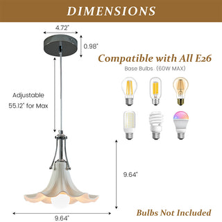This dimensions infographic displays the technical specifications for the flower-shaped ceramic pendant light. It notes a maximum adjustable hanging length of 55.12 inches, with the ceramic shade measuring 9.64 inches wide and 9.64 inches high. The image also specifies compatibility with all E26 base bulbs (60W max) and clarifies that bulbs are not included.