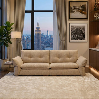 JASIWAY 3-seater fabric sofa featuring a low-profile Japandi silhouette with tufted back cushions and deep-seated upholstery, finished in a textured beige-toned linen-look bouclé fabric that emphasizes a minimalist yet sophisticated living room aesthetic.-Front view