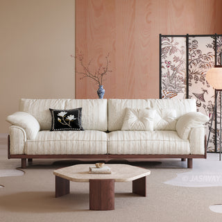 JASIWAY modern 3-seater sofa featuring a low-profile silhouette and a solid walnut-finished wood frame, upholstered in premium fabric or top grain leather, ideal for curated modern living room interiors.-Front view