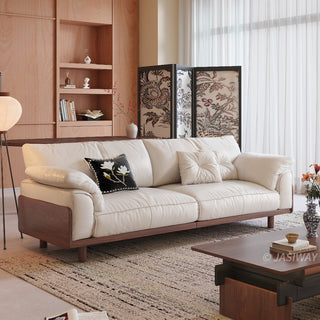 JASIWAY modern 3-seater sofa featuring a low-profile silhouette and a solid walnut-finished wood frame, upholstered in premium fabric or top grain leather, ideal for curated modern living room interiors.-Three-quarter view