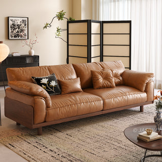 JASIWAY modern 3-seater sofa featuring a low-profile silhouette and a solid walnut-finished wood frame, upholstered in premium fabric or top grain leather, ideal for curated modern living room interiors.-Three-quarter view