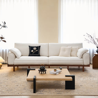 JASIWAY modern 3-seater sofa featuring a low-profile silhouette and a solid walnut-finished wood frame, upholstered in premium fabric or top grain leather, ideal for curated modern living room interiors.-Front view