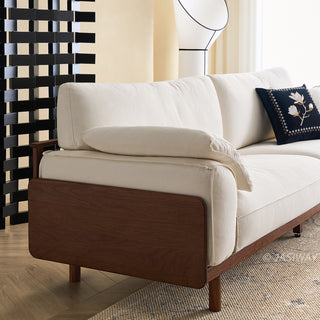 JASIWAY modern 3-seater sofa featuring a low-profile silhouette and a solid walnut-finished wood frame, upholstered in premium fabric or top grain leather, ideal for curated modern living room interiors.-Armrest medium shot