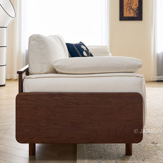 JASIWAY modern 3-seater sofa featuring a low-profile silhouette and a solid walnut-finished wood frame, upholstered in premium fabric or top grain leather, ideal for curated modern living room interiors.-Side view