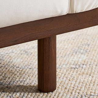 JASIWAY modern 3-seater sofa featuring a low-profile silhouette and a solid walnut-finished wood frame, upholstered in premium fabric or top grain leather, ideal for curated modern living room interiors.-Close-up of support leg