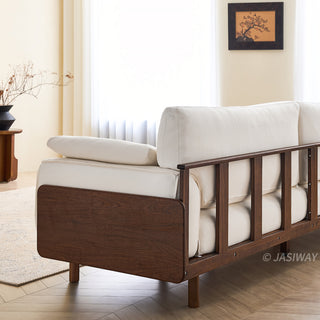JASIWAY modern 3-seater sofa featuring a low-profile silhouette and a solid walnut-finished wood frame, upholstered in premium fabric or top grain leather, ideal for curated modern living room interiors.-Rear view